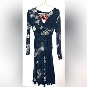 Desigual Black and Gray Floral Long Sleeve Dress with Embroidery on Back
